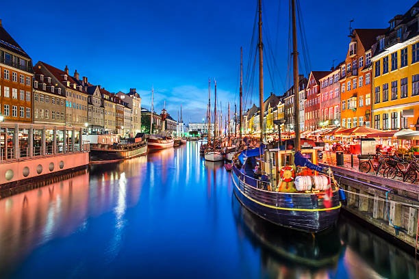 Evening view of Nyhavn canal in Copenhagen